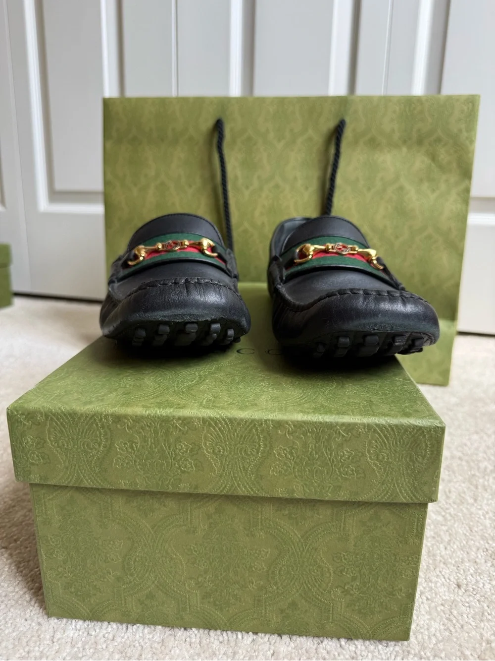 Gucci Black Leather Loafers with Green-Red Web & Gold Horsebit